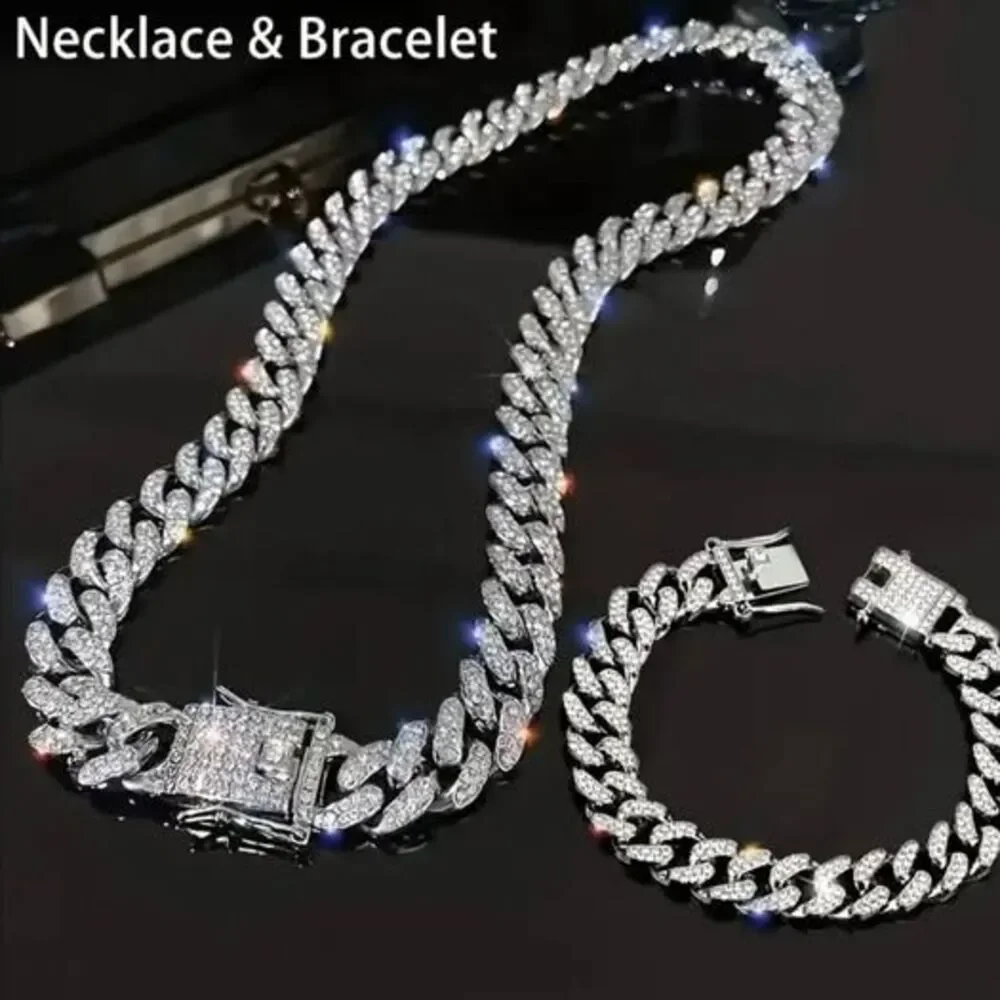 New 18k white gold filled Cuban link chain and bracelet set